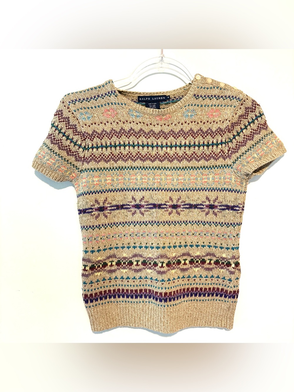 Vintage Ralph Lauren Silk Linkn Blend Fair Isle Short-Sleeve Sweater Blue Label